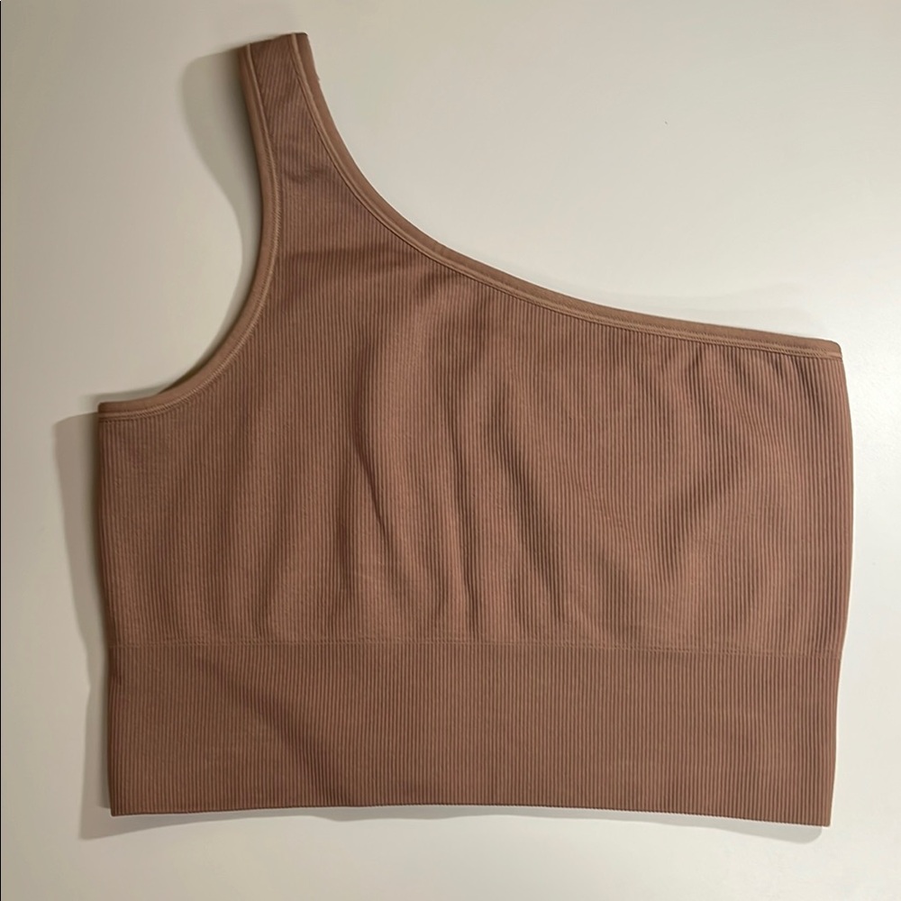 Athleta Aurora One Shoulder Rustic Beige Ribbed Cropped Tank Top Size Medium